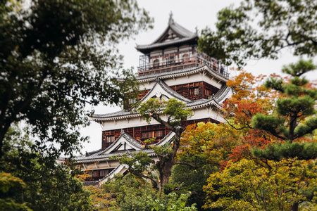 Hiroshima Castle, Hiroshima city, Carp Castle, Japan, autumn fall landscape vibrant view and momiji foliage, building, Hiroshima prefecture, travel to Japanの写真素材