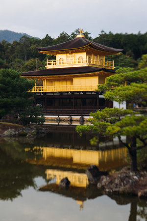 Kinkaku-ji temple golden pavilion, Golden Pavillon garden in Kyoto, Rokuon-ji zen buddhist temple, Deer Garden temple, Japan, Kita-ku Kita ward, autumn fall view, with reflection in a pond, travel to Japanの写真素材