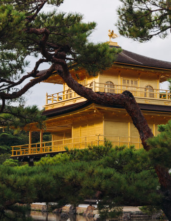 Kinkaku-ji temple golden pavilion, Golden Pavillon garden in Kyoto, Rokuon-ji zen buddhist temple, Deer Garden temple, Japan, Kita-ku Kita ward, autumn fall view, with reflection in a pond, travel to Japanの写真素材