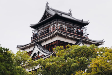 Hiroshima Castle, Hiroshima city, Carp Castle, Japan, autumn fall landscape vibrant view and momiji foliage, building, Hiroshima prefecture, travel to Japanの写真素材