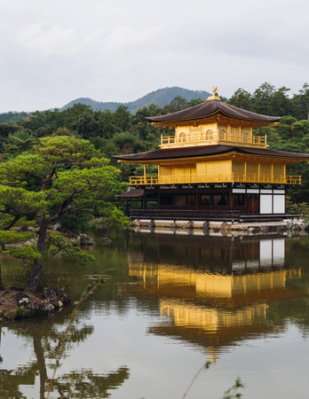 Kinkaku-ji temple golden pavilion, Golden Pavillon garden in Kyoto, Rokuon-ji zen buddhist temple, Deer Garden temple, Japan, Kita-ku Kita ward, autumn fall view, with reflection in a pond, travel to Japanの写真素材