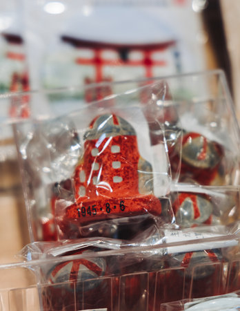 Japanese tourist souvenirs and gifts from Hiroshima, Japan, with figures, key ring keychain refrigerator magnets with Hiroshima Atomic bomb dome and castle, toys figurines, presents in a local vendor shopの写真素材