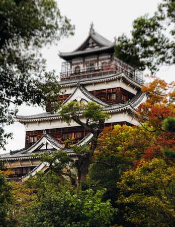 Hiroshima Castle, Hiroshima city, Carp Castle, Japan, autumn fall landscape vibrant view and momiji foliage, building, Hiroshima prefecture, travel to Japanの写真素材