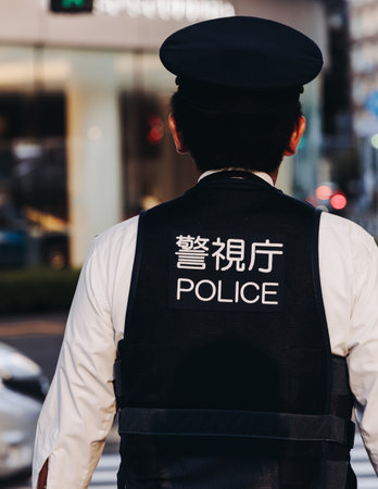 Japanese police squad formation in protective uniform, policemen patrol maintain public during political demonstration protest rally in the streets of Tokyo city center, Japanの写真素材