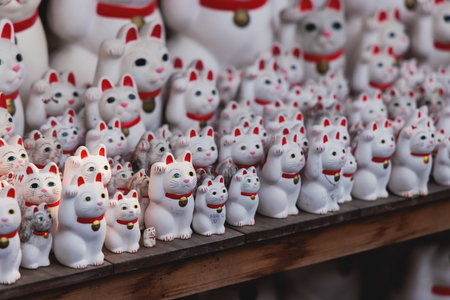 Gotokuji Temple in fall sunny day, Daikeizan Gotoku-ji in Setagaya ward, Tokyo, Japan, buddhist temple, Maneki-neko temple, with beckoning cat figurine toys, temple with Japanese fortune lucky catsの写真素材