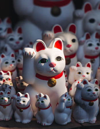 Gotokuji Temple in fall sunny day, Daikeizan Gotoku-ji in Setagaya ward, Tokyo, Japan, buddhist temple, Maneki-neko temple, with beckoning cat figurine toys, temple with Japanese fortune lucky catsの写真素材