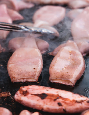 Ikayaki, Grilled roasted Squid with sauce - popular Japanese Street Food, variety of different...
