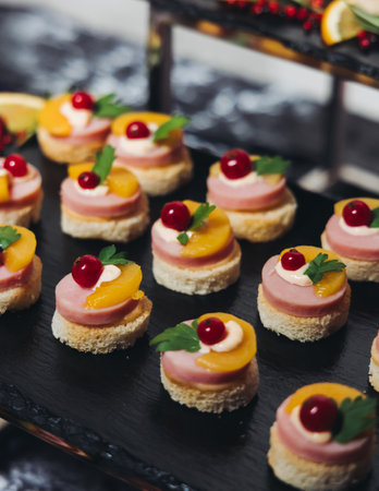 Catering table, beautifully decorated banquet with variety of different food snacks appetizers on Christmas birthday corporate party event or wedding celebration, canape, salad, delicatessen settingの写真素材