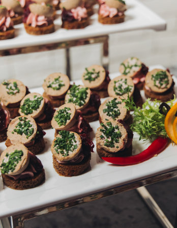 Catering table, beautifully decorated banquet with variety of different food snacks appetizers on Christmas birthday corporate party event or wedding celebration, canape, salad, delicatessen settingの写真素材