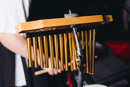 Percussionist drummer performing on professional bar chimes, drums accessories, musician playing drums and nail chime tree during rock concert with band in a club hall arena on a stageの写真素材