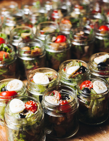 Catering table, beautifully decorated banquet with variety of different food snacks appetizers on Christmas birthday corporate party event or wedding celebration, canape, salad, delicatessen settingの写真素材