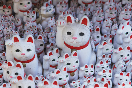 Gotokuji Temple in fall sunny day, Daikeizan Gotoku-ji in Setagaya ward, Tokyo, Japan, buddhist temple, Maneki-neko temple, with beckoning cat figurine toys, temple with Japanese fortune lucky catsの写真素材