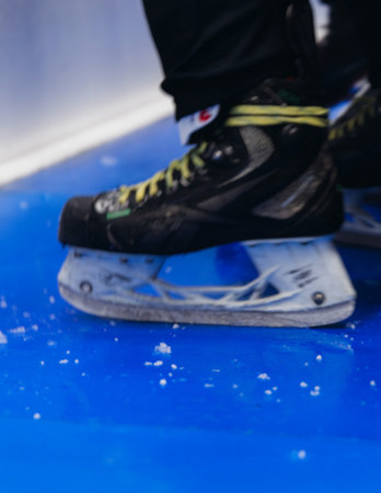 Hockey match game on ice rink arena stadium, team of ice hockey professional players with coach, stick and puck, team of hockey players in protective sport uniform training, hockey league championshipの写真素材