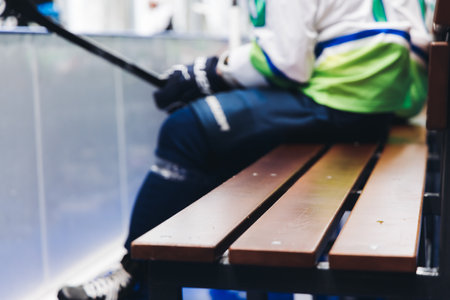 Hockey match game on ice rink arena stadium, team of ice hockey professional players with coach, stick and puck, team of hockey players in protective sport uniform training, hockey league championshipの写真素材