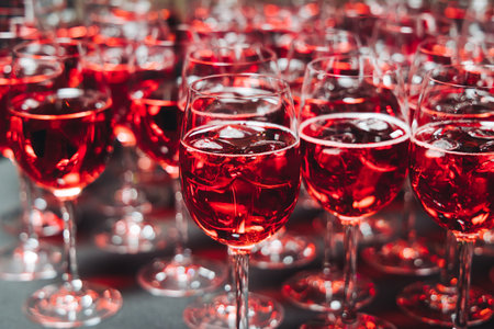 Alcohol setting on catering banquet table, row line of orange red colored aperitif alcohol cocktails on party, negroni, spritz and others on bar counter, selection of liquor beverages on eventの写真素材