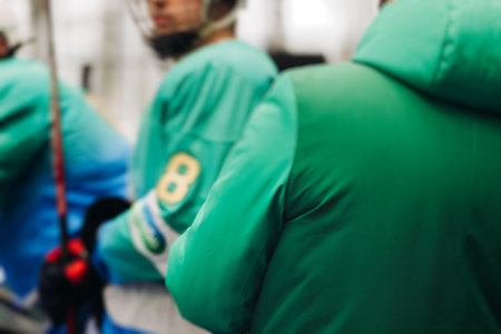 Hockey match game on ice rink arena stadium, team of ice hockey professional players with coach, stick and puck, team of hockey players in protective sport uniform training, hockey league championshipの写真素材
