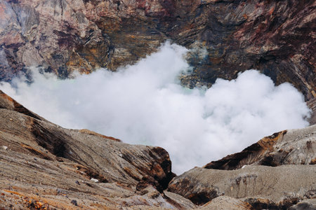 Mount Aso Nakadake volcano crater, Aso-San, caldera, Aso-Kuju National Park hiking, Kyushu island...