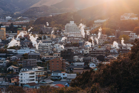 Beppu, Japan, city panorama skyline, Kannawa onsen distict, Oita prefecture, Kyushu island region,,...