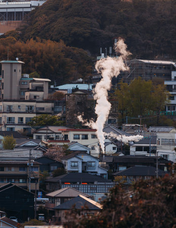 Beppu, Japan, city panorama skyline, Kannawa onsen distict, Oita prefecture, Kyushu island region,,...