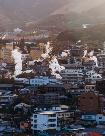 Beppu, Japan, city panorama skyline, Kannawa onsen distict, Oita prefecture, Kyushu island region,, Yukemuri observation deck, rising hot steam from onsen ryokan bath houses, Beppu resort hot springsの写真素材