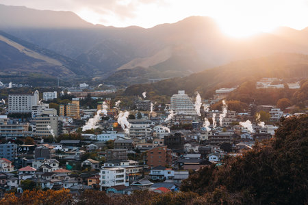 Beppu, Japan, city panorama skyline, Kannawa onsen distict, Oita prefecture, Kyushu island region,, Yukemuri observation deck, rising hot steam from onsen ryokan bath houses, Beppu resort hot springsの写真素材