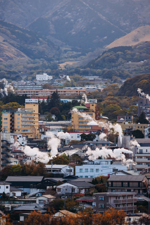 Beppu, Japan, city panorama skyline, Kannawa onsen distict, Oita prefecture, Kyushu island region,,...
