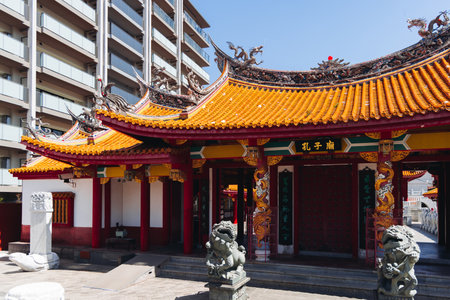 Confucius shrine in Nagasaki, Koshi-byo, Confucian temple in Nagasaki, Japan, Nagasaki prefecture, Museum of Chinese History and Palace Museum in a sunny day, Chinese shrine, Kyushu island regionの写真素材