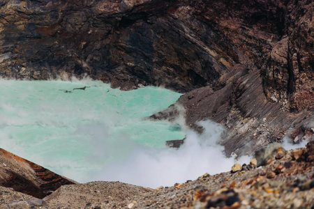 Mount Aso Nakadake volcano crater, Aso-San, caldera, Aso-Kuju National Park hiking, Kyushu island...