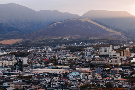 Beppu, Japan, city panorama skyline, Kannawa onsen distict, Oita prefecture, Kyushu island region,, Yukemuri observation deck, rising hot steam from onsen ryokan bath houses, Beppu resort hot springsの写真素材
