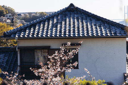 Glover Garden in Nagasaki, Japan, Minamiyamate hill, beautiful park view, with city skyline and cherry sakura blossom, in a spring sunny day with a blue sky, Nagasaki prefecture, Kyushu island regionの写真素材