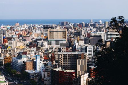 View of Kagoshima city, Japan, Kagoshima prefecture, Kyushu island region, with Sakurajima island...
