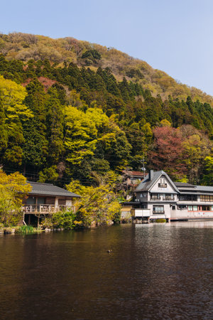 Kinrin lake in Yufuin town, Kinrin-ko lake, Oita prefecture, Japan, hot spring onsen resort town,...