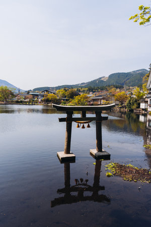 Kinrin lake in Yufuin town, Kinrin-ko lake, Oita prefecture, Japan, hot spring onsen resort town,...