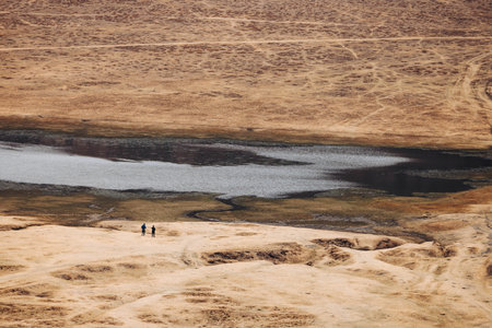 Kusasenri landscape, Kusasenrigahama, Mount Aso and Komezuka volcano, Nakadake peak, Aso-Kuju National Park hiking, Kyushu island region, Kumamoto prefecture, Japan, volcanic desert viewの写真素材