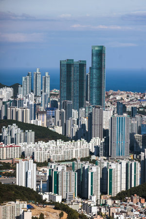 Busan city panorama beautiful skyline view from Hwangnyeongsan mountain observatory, Busan port,...