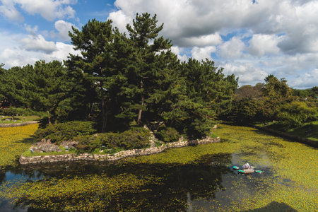 Gyeongju, South Korea, view of Donggung Palace and Wolji Pond in a sunny day, North Gyeongsang Province, Gyeongju city, traditional Korean hanok architecture, Yeongnam regionの写真素材