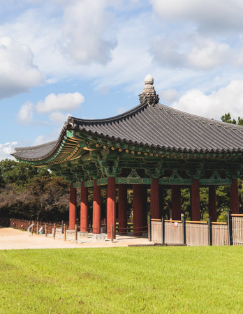 Gyeongju, South Korea, view of Donggung Palace and Wolji Pond in a sunny day, North Gyeongsang...