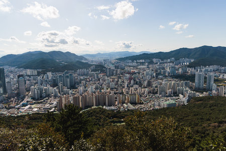Busan city panorama beautiful skyline view from Hwangnyeongsan mountain observatory, Busan port,...