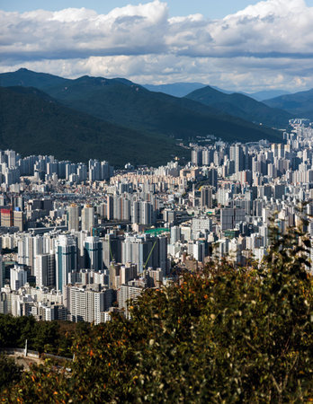 Busan city panorama beautiful skyline view from Hwangnyeongsan mountain observatory, Busan port,...