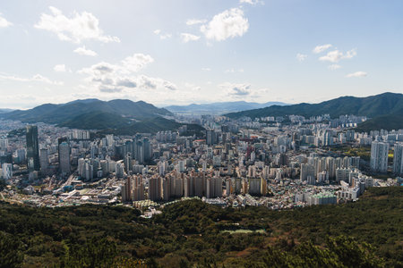 Busan city panorama beautiful skyline view from Hwangnyeongsan mountain observatory, Busan port,...