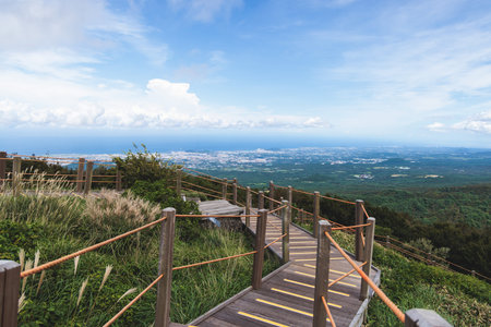 Hallasan National Park, Jeju island, South Korea, vibrant view of trail with a wooden ladder path...
