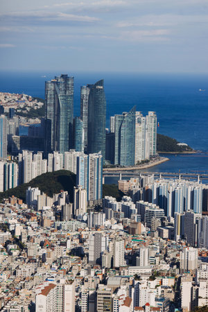 Busan city panorama beautiful skyline view from Hwangnyeongsan mountain observatory, Busan port,...