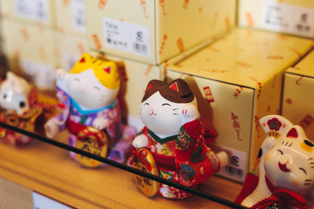 Traditional Japanese tourist souvenirs and gifts from Tokyo, Japan, with mount Fuji figures, refrigerator magnets, Maneki-neko beckoning cat figurine, key ring keychain, in a local vendor gift shopの写真素材