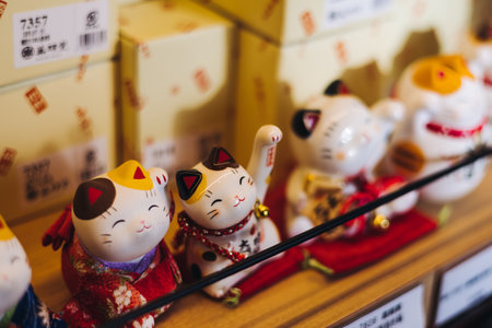 Traditional Japanese tourist souvenirs and gifts from Tokyo, Japan, with mount Fuji figures, refrigerator magnets, Maneki-neko beckoning cat figurine, key ring keychain, in a local vendor gift shopの写真素材