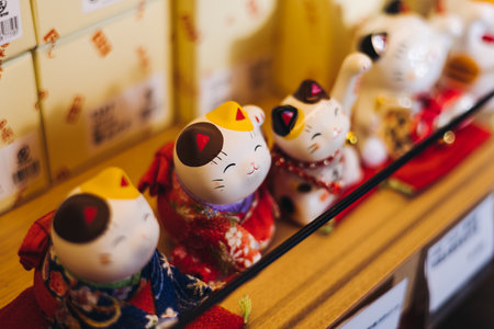 Traditional Japanese tourist souvenirs and gifts from Tokyo, Japan, with mount Fuji figures, refrigerator magnets, Maneki-neko beckoning cat figurine, key ring keychain, in a local vendor gift shopの写真素材