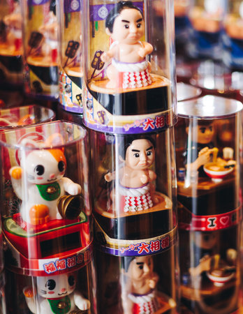 Traditional Japanese tourist souvenirs and gifts from Tokyo, Japan, with mount Fuji figures, refrigerator magnets, Maneki-neko beckoning cat figurine, key ring keychain, in a local vendor gift shopの写真素材