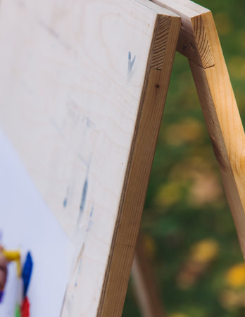 Kids drawing at plein air, group class of talented children with painting easel and wooden canvas...