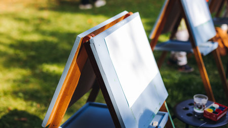 Kids drawing at plein air, group class of talented children with painting easel and wooden canvas during lesson of watercolor painting outdoors in summer, art school class for young teen artistsの写真素材