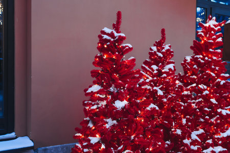 New Year and Christmas in Russia, glowing decor decoration in a winter snowy street, with night decor illumination, city outdoor decorations, Saint-Petersburg, christmas tree and garland lightの写真素材