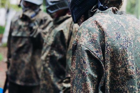 Paintball game, team in camouflage protective uniform with paintball guns and ammunition, strikeball arena battlefield, paintballer aiming and shooting at opponents, airsoft players match tournamentの写真素材